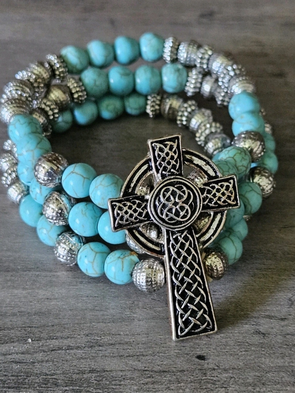 Turquoise Beaded Celtic Cross Wrap Bracelet - Women Jewelry